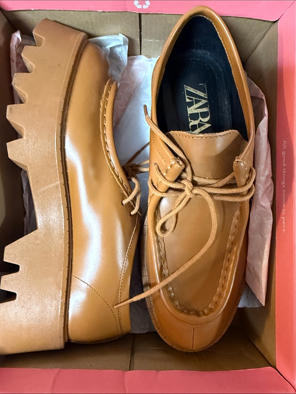 Zara Tan Leather Lug-Sole Lace-Up Loafers